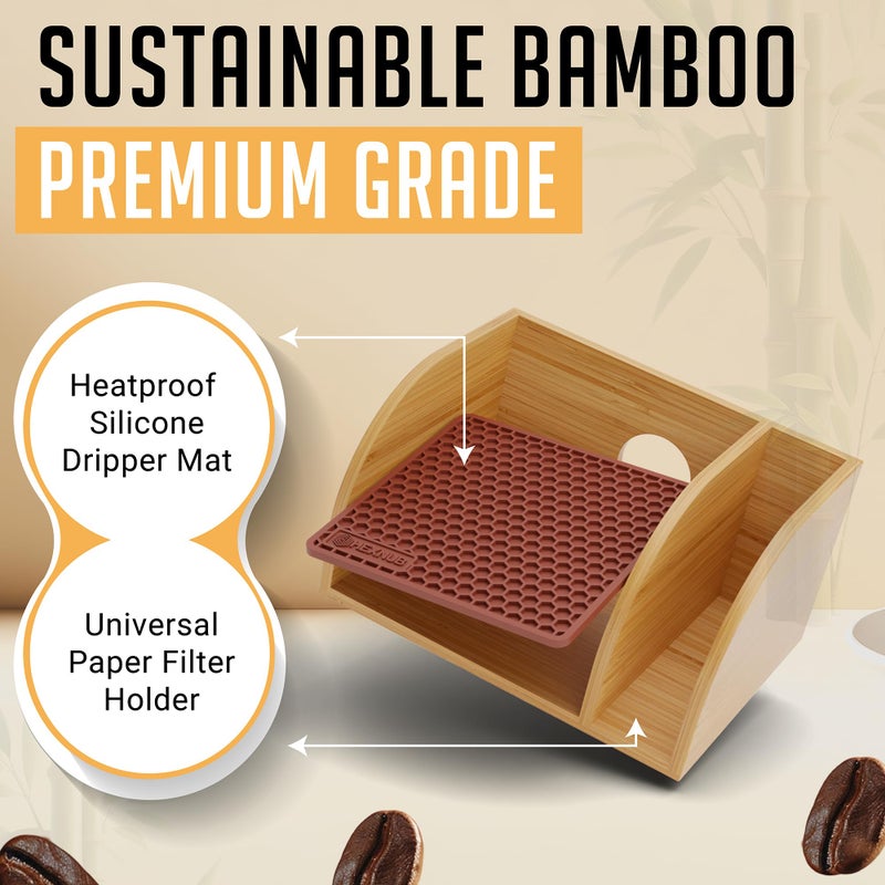 HEXNUB Caddy and Lid for Pour Over Coffee Maker, Bamboo Stand fits Chemex, Bodum, Cosori Carafes, Heatproof Mat, Filter Holder for Drip Coffee Maker - Brown Mat - Image 5
